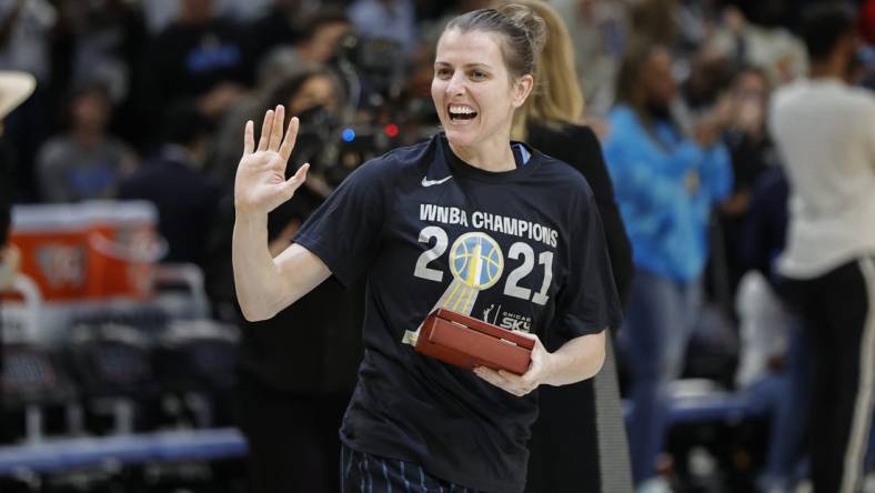 May 24, 2022; Chicago, Illinois, USA; Chicago Sky guard Allie Quigley smiles after receiving a championship during a championship ring ceremony for the Chicago Sky before a WNBA basketball game against the Indiana Fever at Wintrust Arena. Mandatory Credit: Kamil Krzaczynski-USA TODAY Sports