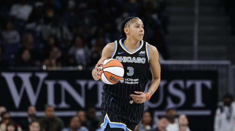May 24, 2022; Chicago, Illinois, USA; Chicago Sky forward Candace Parker (3) brings the ball up court against the Indiana Fever during the first half at Wintrust Arena. Mandatory Credit: Kamil Krzaczynski-USA TODAY Sports