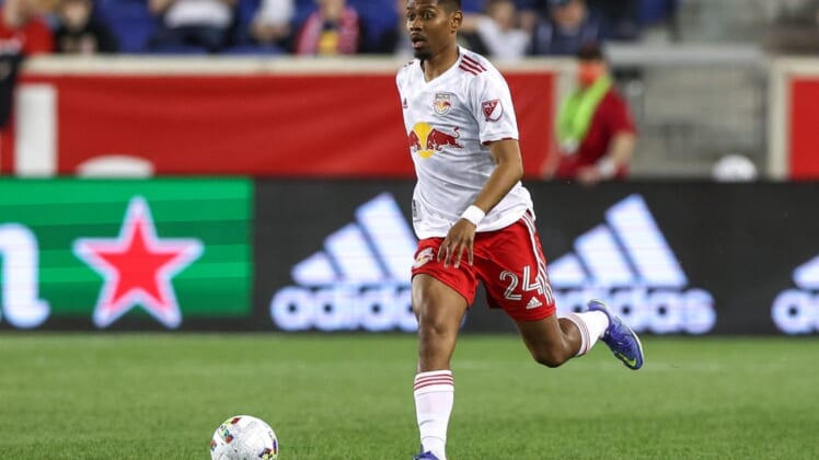 May 18, 2022; Harrison, New Jersey, USA; New York Red Bulls defender Jason Pendant (24) controls the ball against the Chicago Fire during the second half at Red Bull Arena. Mandatory Credit: Vincent Carchietta-USA TODAY Sports