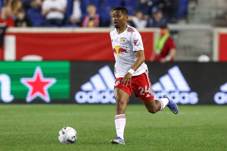 May 18, 2022; Harrison, New Jersey, USA; New York Red Bulls defender Jason Pendant (24) controls the ball against the Chicago Fire during the second half at Red Bull Arena. Mandatory Credit: Vincent Carchietta-USA TODAY Sports