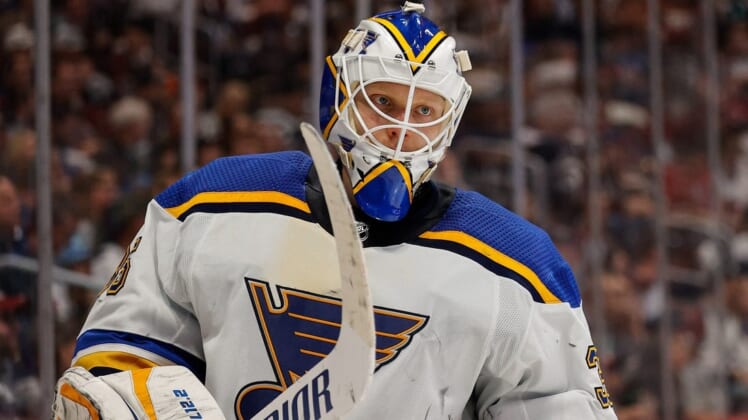 May 25, 2022; Denver, Colorado, USA; St. Louis Blues goaltender Ville Husso (35) in the second period against the Colorado Avalanche in game five of the second round of the 2022 Stanley Cup Playoffs at Ball Arena. Mandatory Credit: Isaiah J. Downing-USA TODAY Sports