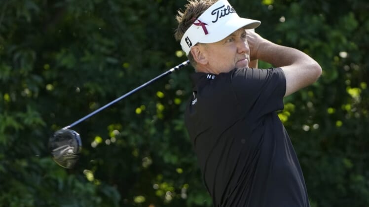 May 26, 2022; Fort Worth, Texas, USA; Ian Poulter plays his shot from the sixth tee during the first round of the Charles Schwab Challenge golf tournament. Mandatory Credit: Jim Cowsert-USA TODAY Sports