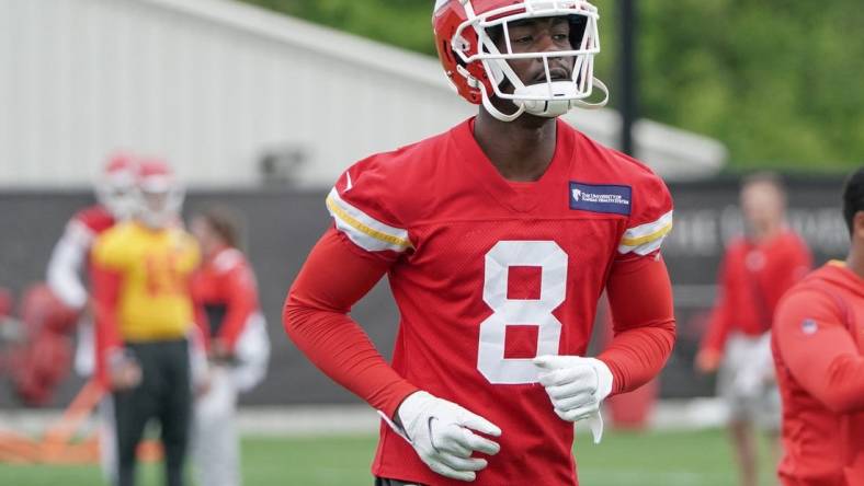 May 26, 2022; Kansas City, MO, USA; Kansas City Chiefs wide receiver Justyn Ross (8) runs drills during organized team activities at The University of Kansas Health System Training Complex. Mandatory Credit: Denny Medley-USA TODAY Sports