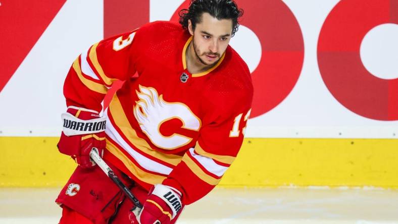 May 26, 2022; Calgary, Alberta, CAN; Calgary Flames left wing Johnny Gaudreau (13) skates during the warmup period against the Edmonton Oilers in game five of the second round of the 2022 Stanley Cup Playoffs at Scotiabank Saddledome. Mandatory Credit: Sergei Belski-USA TODAY Sports