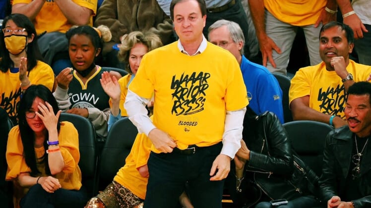 May 26, 2022; San Francisco, California, USA; Joe Lacob, co-executive chairman and CEO of the Golden State Warriors, watches his team play against the Dallas Mavericks during the second half of game five of the 2022 western conference finals at Chase Center. Mandatory Credit: Kelley L Cox-USA TODAY Sports