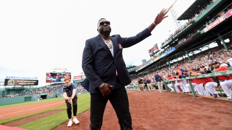 May 27, 2022; Boston, Massachusetts, USA; Former Boston Red Sox player David Ortiz is introduced prior to a ceremony for his induction into the Red Sox Hall of Fame at Fenway Park. Mandatory Credit: Bob DeChiara-USA TODAY Sports