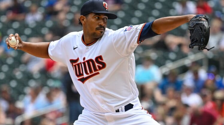 May 28, 2022; Minneapolis, Minnesota, USA; Minnesota Twins relief pitcher Juan Minaya (49) delivers a pitch against the Kansas City Royals during the fifth inning at Target Field. Mandatory Credit: Nick Wosika-USA TODAY Sports