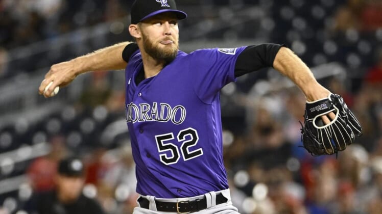 May 28, 2022; Washington, District of Columbia, USA; Colorado Rockies relief pitcher Daniel Bard (52) throws to the Washington Nationals during the ninth inning at Nationals Park. Mandatory Credit: Brad Mills-USA TODAY Sports