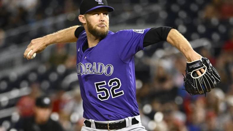 May 28, 2022; Washington, District of Columbia, USA; Colorado Rockies relief pitcher Daniel Bard (52) throws to the Washington Nationals during the ninth inning at Nationals Park. Mandatory Credit: Brad Mills-USA TODAY Sports