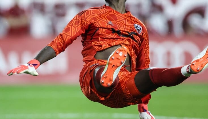 May 28, 2022; Harrison, New Jersey, USA; D.C. United goalkeeper Bill Hamid (28) looks back at a shot on goal during the second half against the New York Red Bulls at Red Bull Arena. Mandatory Credit: Vincent Carchietta-USA TODAY Sports