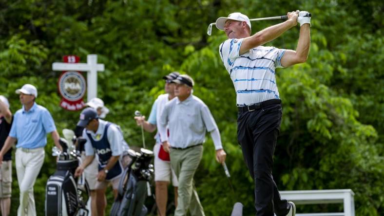 May 29, 2022; Benton Harbor, Michigan, USA; Alex Cejka hits his tee shot on the thirteenth hole during the final round of the 2022 KitchenAid Senior PGA Championship at Harbor Shores. Mandatory Credit: Raj Mehta-USA TODAY Sports