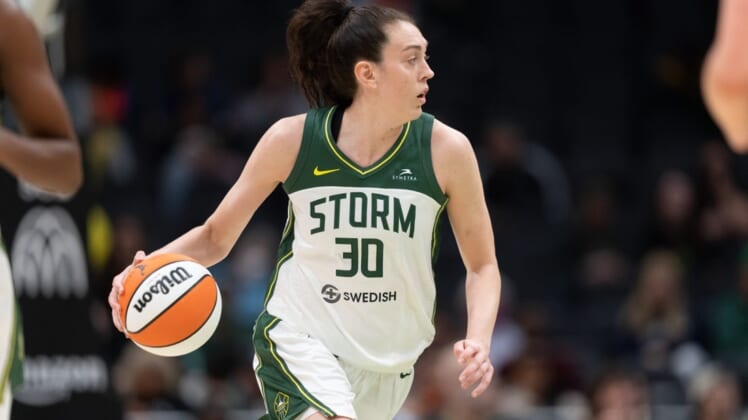 May 29, 2022; Seattle, Washington, USA; Seattle Storm forward Breanna Stewart (30) dribbles the ball against the New York Liberty at Climate Pledge Arena. Mandatory Credit: Stephen Brashear-USA TODAY Sports