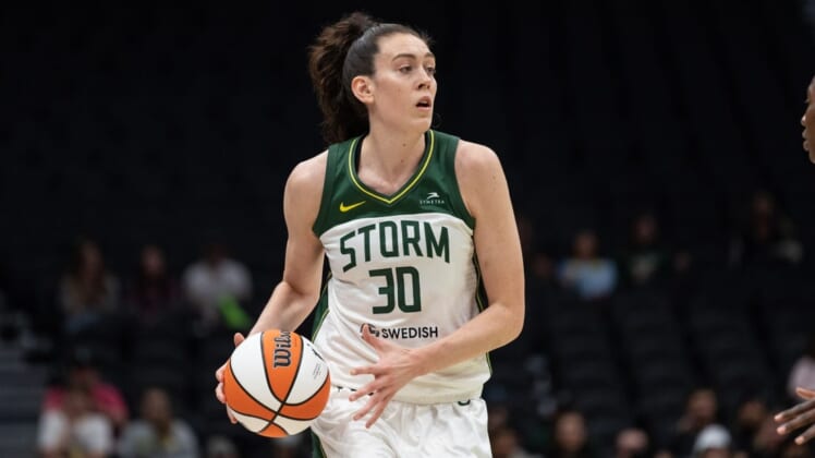 May 29, 2022; Seattle, Washington, USA; Seattle Storm forward Breanna Stewart (30) dribbles the ball against the New York Liberty at Climate Pledge Arena. Mandatory Credit: Stephen Brashear-USA TODAY Sports