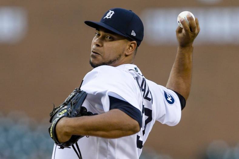 May 31, 2022; Detroit, Michigan, USA; Detroit Tigers relief pitcher Wily Peralta (58) pitches during the fifth inning against the Minnesota Twins at Comerica Park. Mandatory Credit: Raj Mehta-USA TODAY Sports