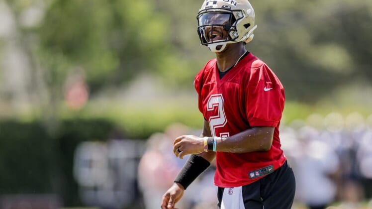 Jun 2, 2022; Metairie, LA, USA;  New Orleans Saints Jameis Winston (2) works on passing drills during organized team activities at the New Orleans Saints Training Facility. Mandatory Credit: Stephen Lew-USA TODAY Sports