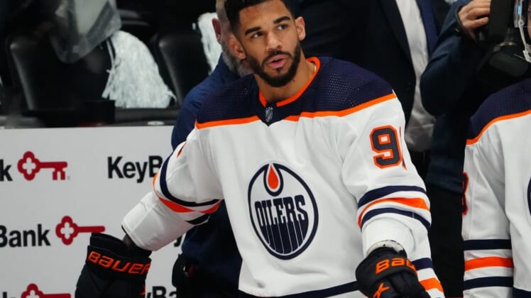 Jun 2, 2022; Denver, Colorado, USA; Edmonton Oilers left wing Evander Kane (91) warms up before the game against the Colorado Avalanche in game two of the Western Conference Final of the 2022 Stanley Cup Playoffs at Ball Arena. Mandatory Credit: Ron Chenoy-USA TODAY Sports