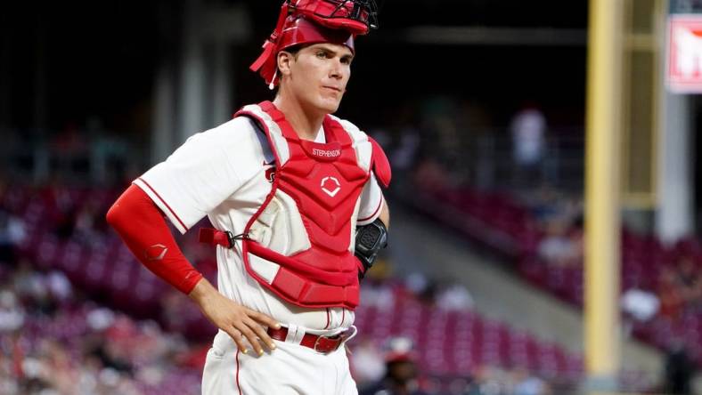 Cincinnati Reds catcher Tyler Stephenson (37) looks toward the dugout during a pitching change in the seventh inning of a baseball game against the Washington Nationals, Friday, June 3, 2022, at Great American Ball Park in Cincinnati. The Washington Nationals won, 8-5.

Washington Nationals At Cincinnati Reds June 3 0030