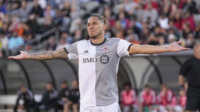 Jun 4, 2022; Toronto, Ontario, Canada; Toronto FC defender Carlos Salcedo (3) reacts after a call during the first half against Forge FC at Tim Hortons Field. Mandatory Credit: John E. Sokolowski-USA TODAY Sports