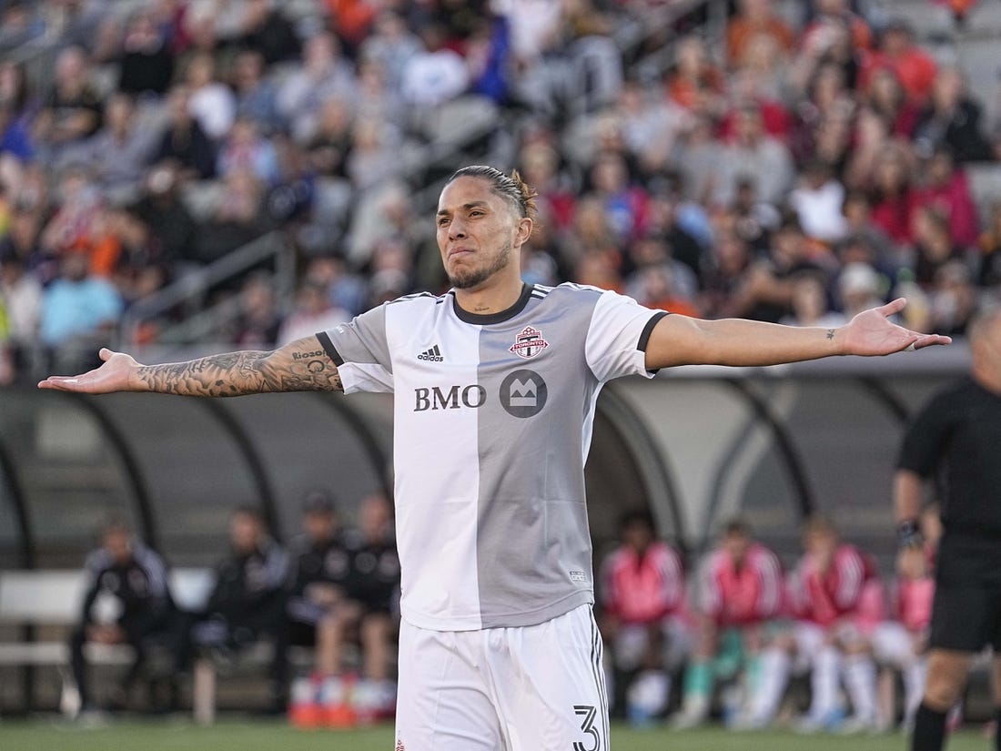 Jun 4, 2022; Toronto, Ontario, Canada; Toronto FC defender Carlos Salcedo (3) reacts after a call during the first half against Forge FC at Tim Hortons Field. Mandatory Credit: John E. Sokolowski-USA TODAY Sports