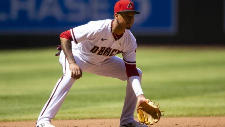 Apr 27, 2022; Phoenix, Arizona, USA; Arizona Diamondbacks infielder Sergio Alcantara against the Los Angeles Dodgers at Chase Field. Mandatory Credit: Mark J. Rebilas-USA TODAY Sports