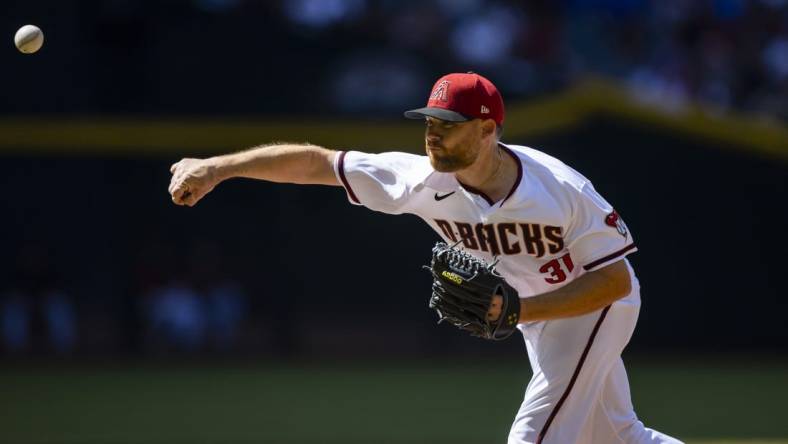 Apr 27, 2022; Phoenix, Arizona, USA; Arizona Diamondbacks pitcher Ian Kennedy against the Los Angeles Dodgers at Chase Field. Mandatory Credit: Mark J. Rebilas-USA TODAY Sports