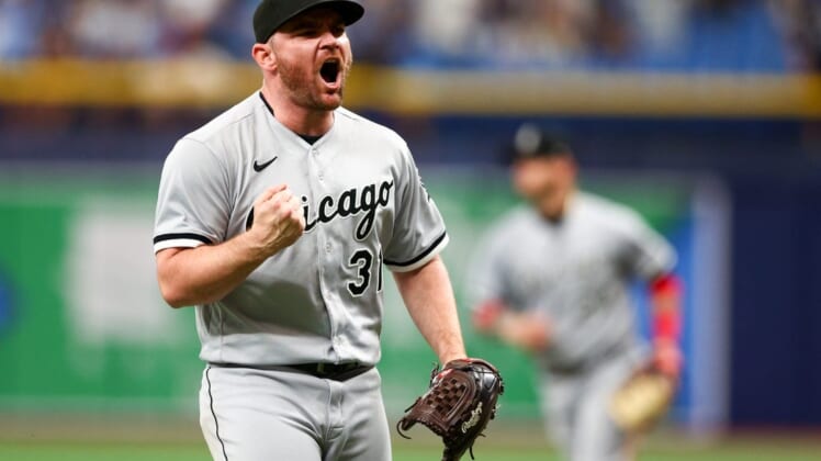 Jun 5, 2022; St. Petersburg, Florida, USA;  Chicago White Sox relief pitcher Liam Hendriks (31) reacts after beating the Tampa Bay Rays at Tropicana Field. Mandatory Credit: Nathan Ray Seebeck-USA TODAY Sports