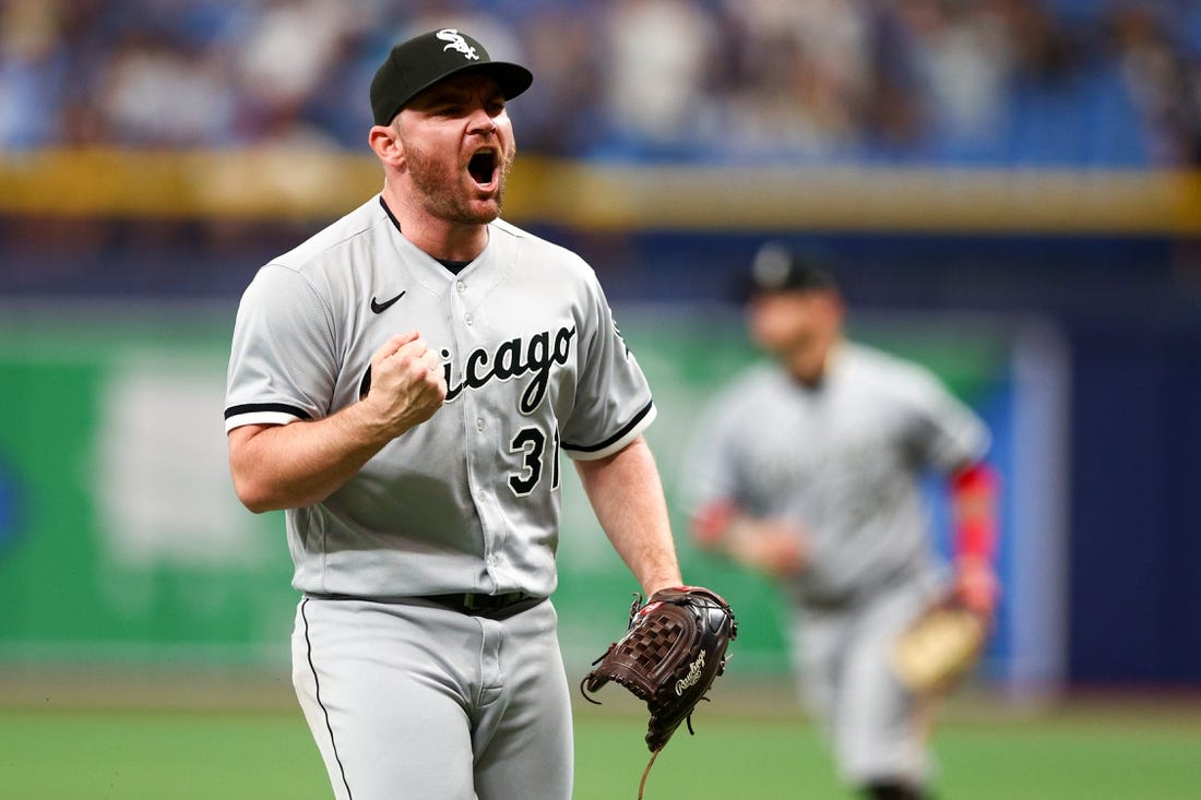 Jun 5, 2022; St. Petersburg, Florida, USA;  Chicago White Sox relief pitcher Liam Hendriks (31) reacts after beating the Tampa Bay Rays at Tropicana Field. Mandatory Credit: Nathan Ray Seebeck-USA TODAY Sports