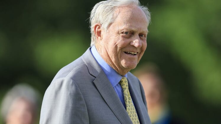 Jun 5, 2022; Dublin, Ohio, USA; Jack Nicklaus smiles as he stands on the 18th green after the Memorial Tournament. Mandatory Credit: Aaron Doster-USA TODAY Sports