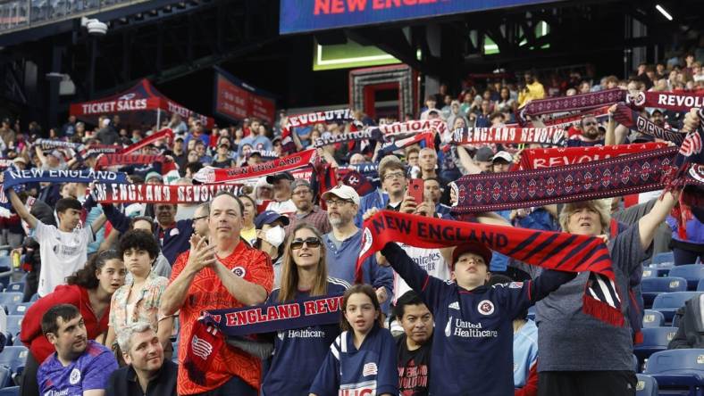 May 28, 2022; Foxborough, Massachusetts, USA; New England Revolution fans show their colors before the game between the New England Revolution and the Philadelphia Union at Gillette Stadium. Mandatory Credit: Winslow Townson-USA TODAY Sports