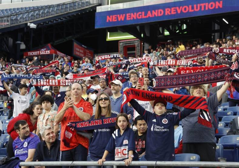 May 28, 2022; Foxborough, Massachusetts, USA; New England Revolution fans show their colors before the game between the New England Revolution and the Philadelphia Union at Gillette Stadium. Mandatory Credit: Winslow Townson-USA TODAY Sports