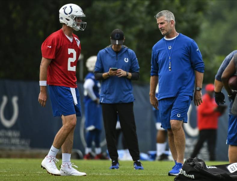 Jun 7, 2022; Indianapolis, Indiana, USA; Indianapolis Colts head coach Frank Reich talks with Indianapolis Colts quarterback Matt Ryan (2) during minicamp at the Colts practice facility. Mandatory Credit: Robert Goddin-USA TODAY Sports