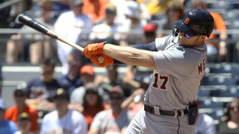 Jun 8, 2022; Pittsburgh, Pennsylvania, USA;  Detroit Tigers right fielder Austin Meadows (17) hits a single against the Pittsburgh Pirates during the first inning at PNC Park. Mandatory Credit: Charles LeClaire-USA TODAY Sports