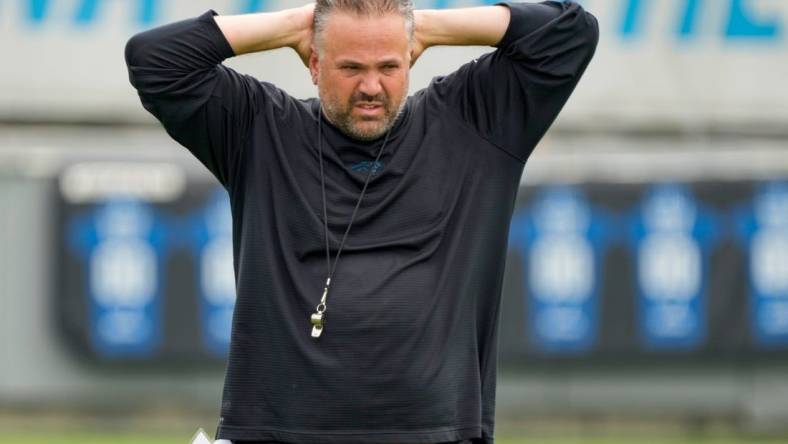 Jun 8, 2022; Charlotte, North Carolina, USA; Carolina Panthers head coach Matt Rhule during Carolina Panthers minicamp at Bank of America Stadium Practice Facility. Mandatory Credit: Jim Dedmon-USA TODAY Sports