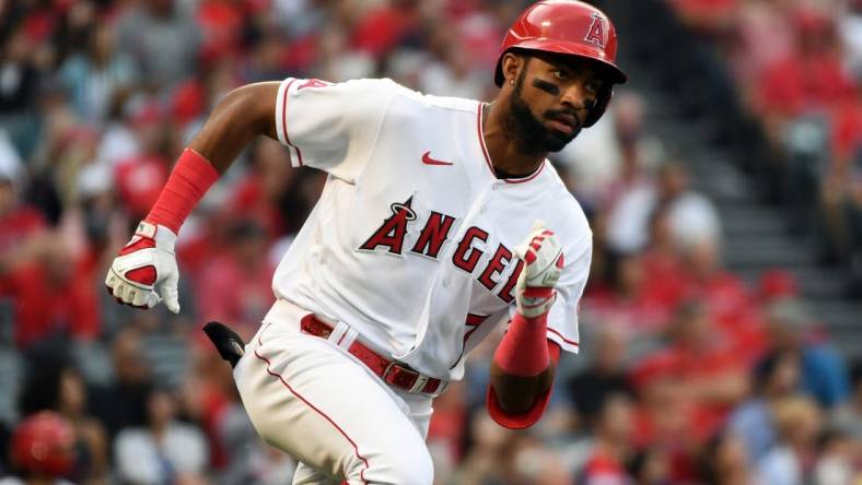 Jun 9, 2022; Anaheim, California, USA; Los Angeles Angels left fielder Jo Adell (7) runs to second on a double against the Boston Red Sox in the second inning at Angel Stadium. Mandatory Credit: Richard Mackson-USA TODAY Sports