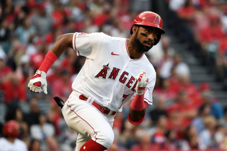 Jun 9, 2022; Anaheim, California, USA; Los Angeles Angels left fielder Jo Adell (7) runs to second on a double against the Boston Red Sox in the second inning at Angel Stadium. Mandatory Credit: Richard Mackson-USA TODAY Sports