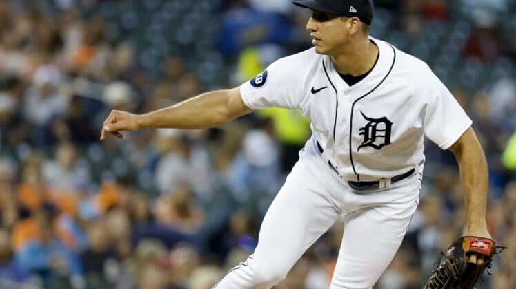 Jun 10, 2022; Detroit, Michigan, USA;  Detroit Tigers relief pitcher Jacob Barnes (50) pitches in the fifth inning against the Toronto Blue Jays at Comerica Park. Mandatory Credit: Rick Osentoski-USA TODAY Sports