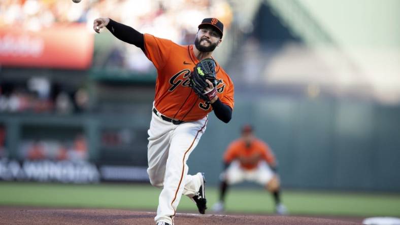 Jun 10, 2022; San Francisco, California, USA; San Francisco Giants starting pitcher Jakob Junis (34) delivers a pitch against the Los Angeles Dodgers during the first inning at Oracle Park. Mandatory Credit: D. Ross Cameron-USA TODAY Sports