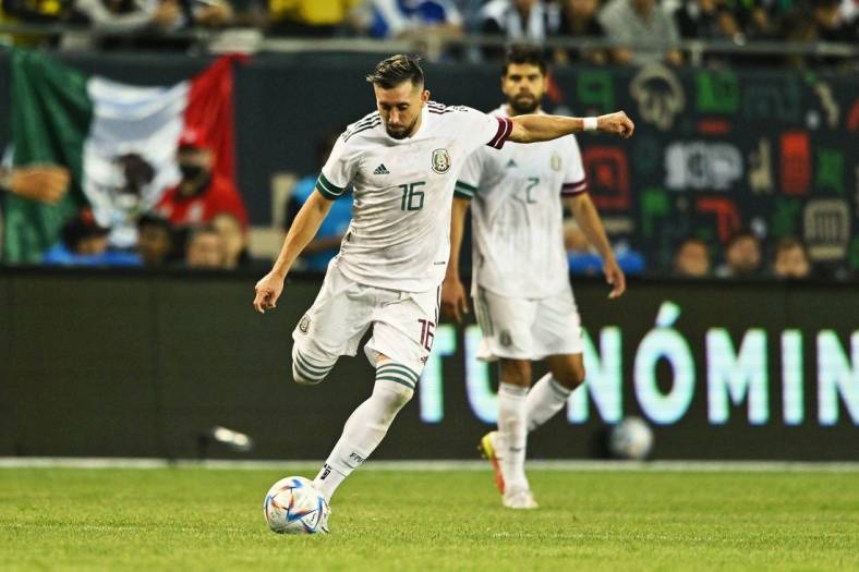Jun 5, 2022; Chicago, IL, USA;  Mexican National Team midfielder Hector Herrera (16) controls the ball against the Ecuador National Team at Soldier Field. Mandatory Credit: Jamie Sabau-USA TODAY Sports