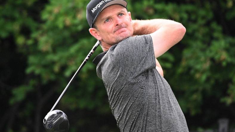 Jun 12, 2022; Etobicoke, Ontario, CAN;  Justin Rose hits his tee shot at the 17th hole during the final round of the RBC Canadian Open golf tournament. Mandatory Credit: Dan Hamilton-USA TODAY Sports