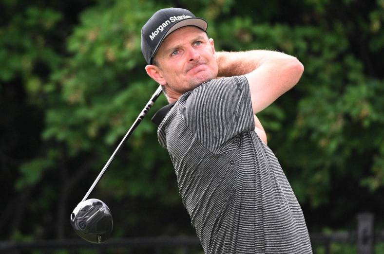 Jun 12, 2022; Etobicoke, Ontario, CAN;  Justin Rose hits his tee shot at the 17th hole during the final round of the RBC Canadian Open golf tournament. Mandatory Credit: Dan Hamilton-USA TODAY Sports