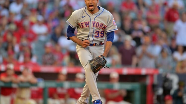 Jun 12, 2022; Anaheim, California, USA; New York Mets relief pitcher Edwin Diaz (39) reacts after pitching a scoreless ninth inning to earn a save and defeat the Los Angeles Angels at Angel Stadium. Mandatory Credit: Jayne Kamin-Oncea-USA TODAY Sports