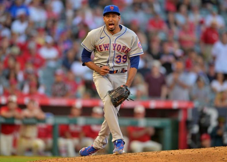 Jun 12, 2022; Anaheim, California, USA; New York Mets relief pitcher Edwin Diaz (39) reacts after pitching a scoreless ninth inning to earn a save and defeat the Los Angeles Angels at Angel Stadium. Mandatory Credit: Jayne Kamin-Oncea-USA TODAY Sports
