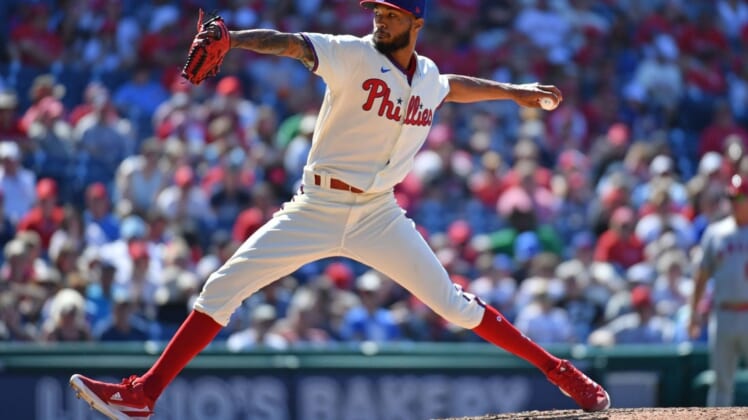 Jun 5, 2022; Philadelphia, Pennsylvania, USA; Philadelphia Phillies relief pitcher Cristopher Sanchez (61) throws a pitch against the Los Angeles Angels during the sixth inning at Citizens Bank Park. Mandatory Credit: Eric Hartline-USA TODAY Sports