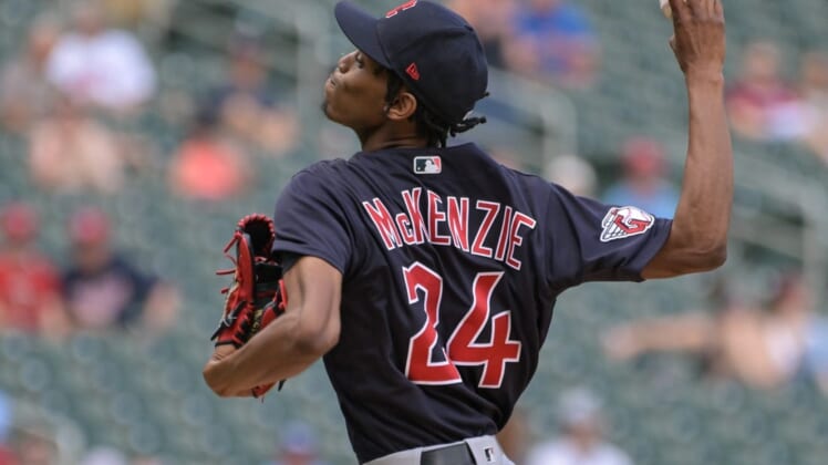 May 15, 2022; Minneapolis, Minnesota, USA; Cleveland Guardians starting pitcher Triston McKenzie (24) in action against the Minnesota Twins at Target Field. Mandatory Credit: Jeffrey Becker-USA TODAY Sports