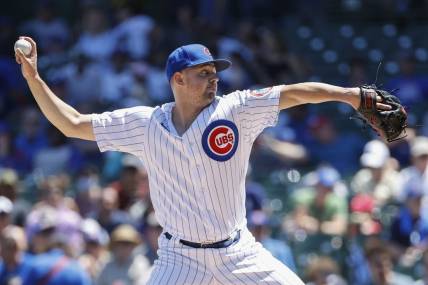 Jun 16, 2022; Chicago, Illinois, USA; Chicago Cubs starting pitcher Matt Swarmer (67) delivers against the San Diego Padres during the first inning at Wrigley Field. Mandatory Credit: Kamil Krzaczynski-USA TODAY Sports