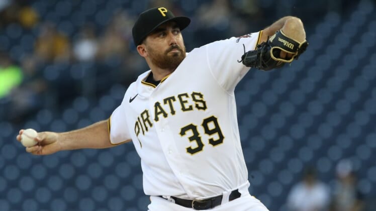 Jun 17, 2022; Pittsburgh, Pennsylvania, USA; Pittsburgh Pirates starting pitcher Zach Thompson (39) delivers a pitch against the San Francisco Giants during the first inning at PNC Park. Mandatory Credit: Charles LeClaire-USA TODAY Sports