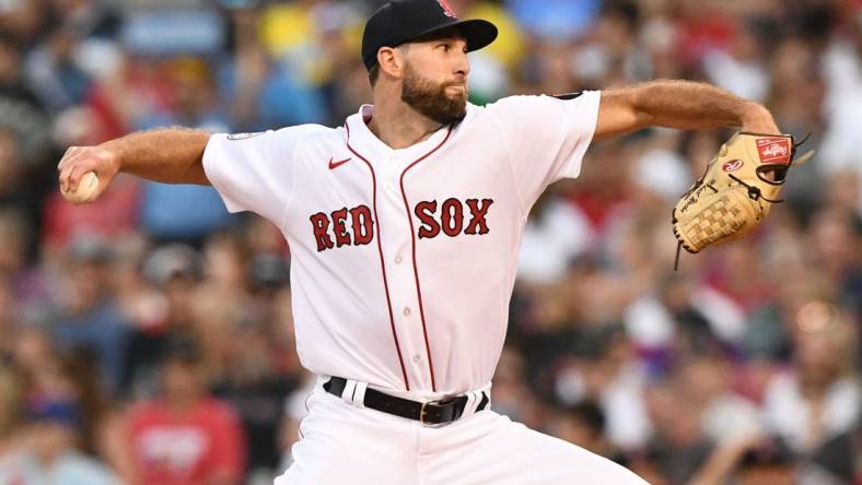 Jun 17, 2022; Boston, Massachusetts, USA; Boston Red Sox starting pitcher Michael Wacha (52) pitches against the St. Louis Cardinals during the fourth inning at Fenway Park. Mandatory Credit: Brian Fluharty-USA TODAY Sports