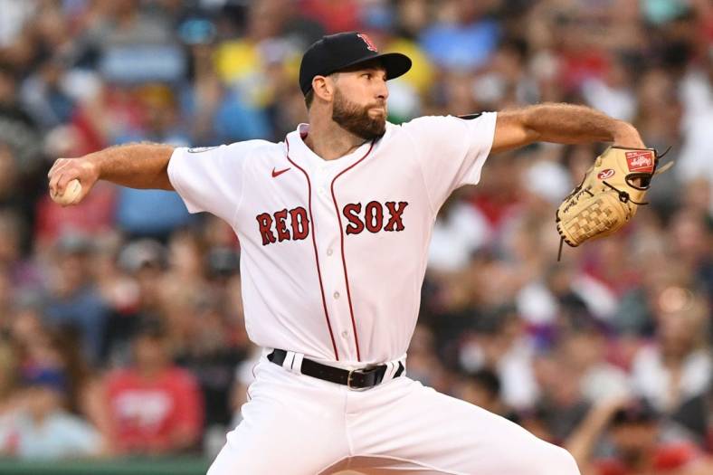 Jun 17, 2022; Boston, Massachusetts, USA; Boston Red Sox starting pitcher Michael Wacha (52) pitches against the St. Louis Cardinals during the fourth inning at Fenway Park. Mandatory Credit: Brian Fluharty-USA TODAY Sports