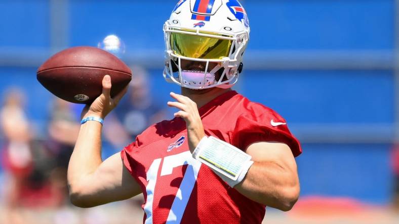 Jun 14, 2022; Orchard Park, New York, USA; Buffalo Bills quarterback Josh Allen (17) passes the ball during minicamp at the ADPRO Sports Training Center. Mandatory Credit: Rich Barnes-USA TODAY Sports