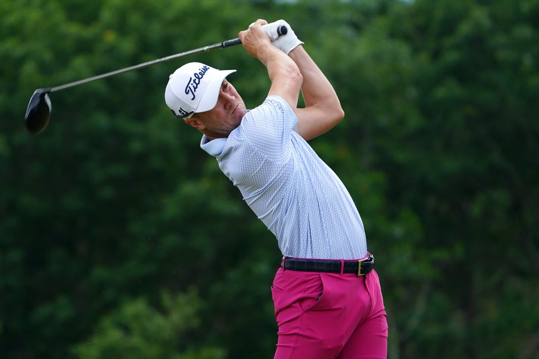 Jun 18, 2022; Brookline, Massachusetts, USA; Justin Thomas plays his shot from the eighth tee during the third round of the U.S. Open golf tournament. Mandatory Credit: Peter Casey-USA TODAY Sports